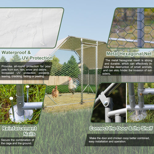 9.94 Ft. X 6.46 Ft. X 6.36 Ft. Metal Large Chicken Coop Walk-in Poultry Cage Run Flat Shaped With Waterproof Cover