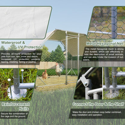 9.94 Ft. X 6.46 Ft. X 6.36 Ft. Metal Large Chicken Coop Walk-in Poultry Cage Run Flat Shaped With Waterproof Cover