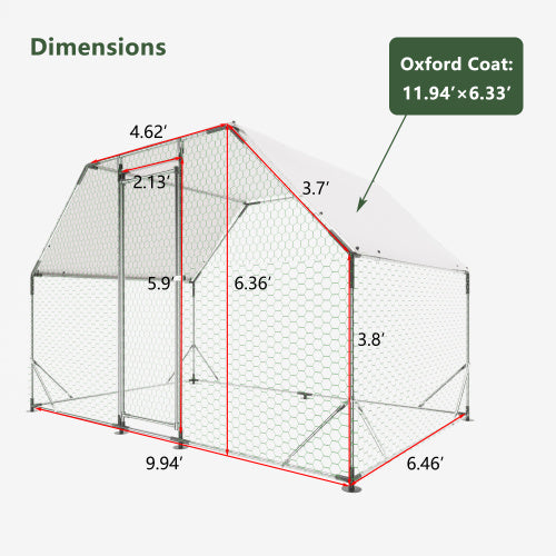 9.94 Ft. X 6.46 Ft. X 6.36 Ft. Metal Large Chicken Coop Walk-in Poultry Cage Run Flat Shaped With Waterproof Cover