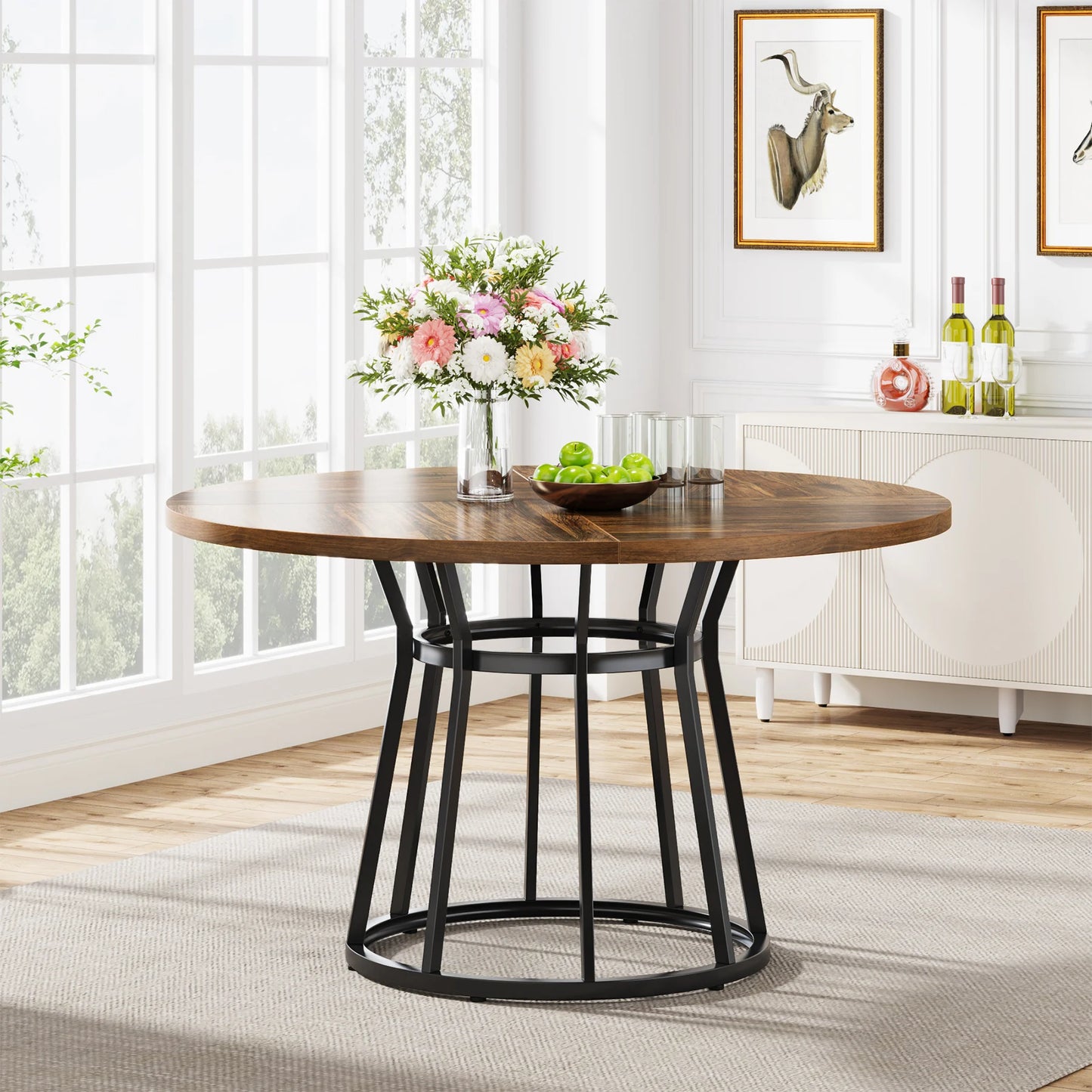 Tribesigns 47" Round Dining Table for 4 People, Farmhouse Kitchen Table with Wooden Texture Surface & Pedestal Base, Round Table