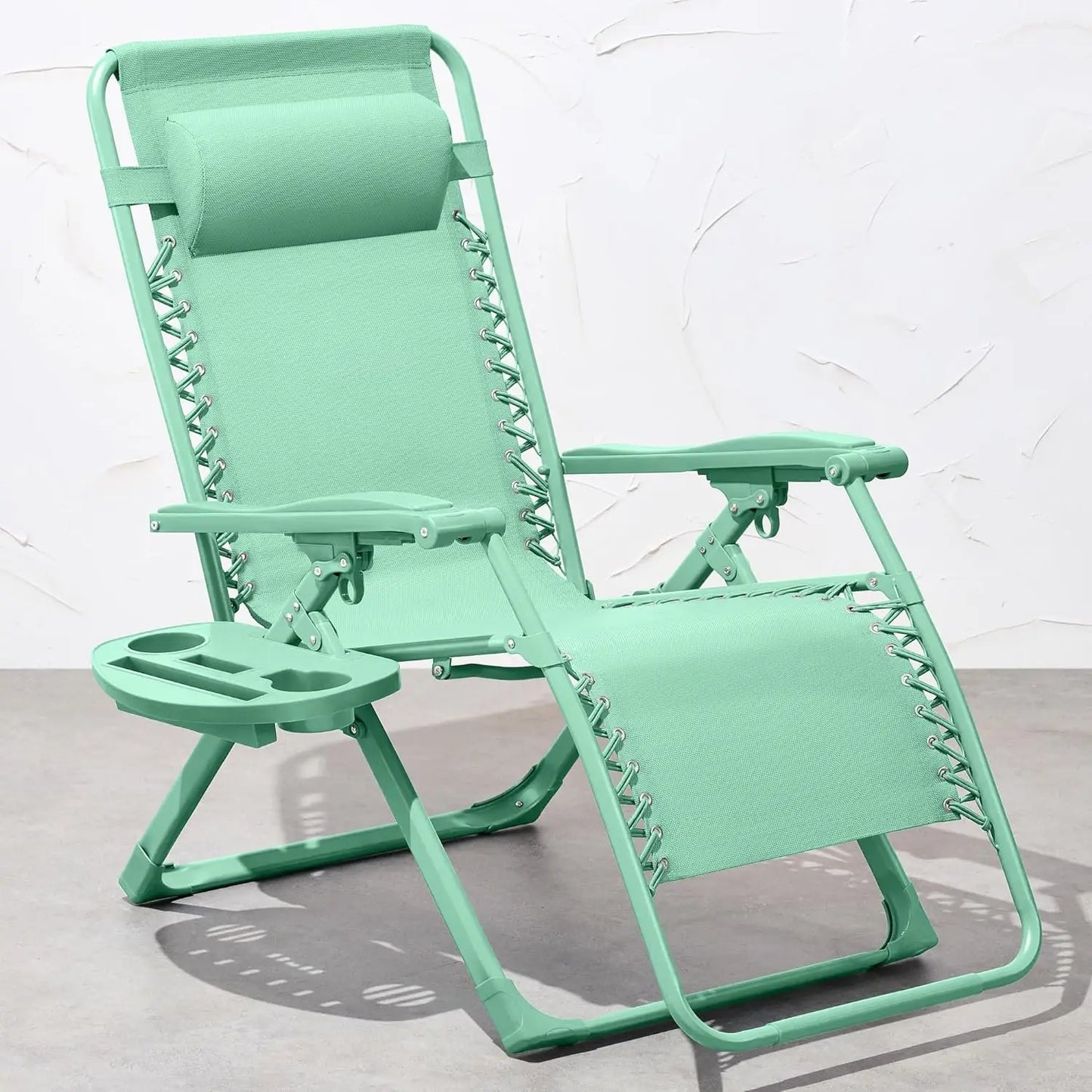 Adjustable Premium Color Zero Gravity Chair, Monochromatic Folding Patio Recliner w/Side Tray, Headrest - Seafoam