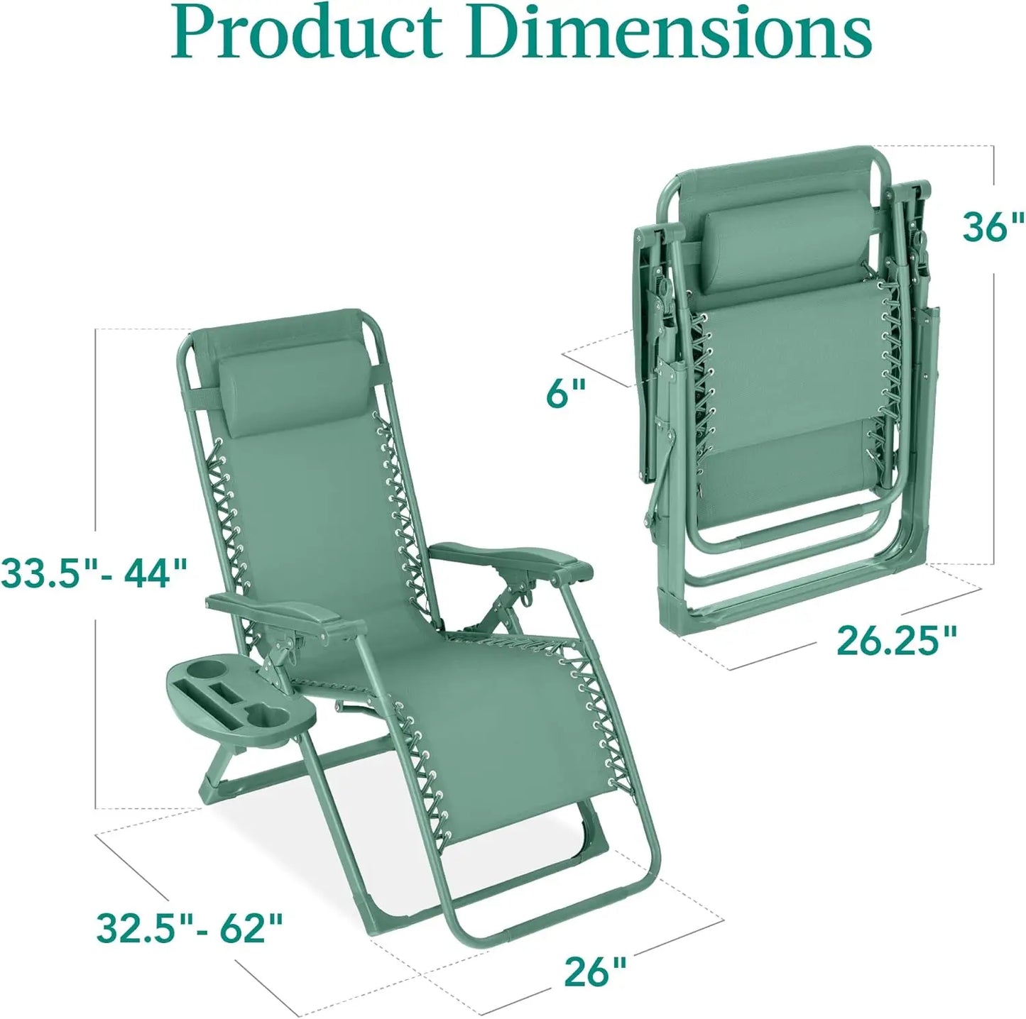 Adjustable Premium Color Zero Gravity Chair, Monochromatic Folding Patio Recliner w/Side Tray, Headrest - Seafoam