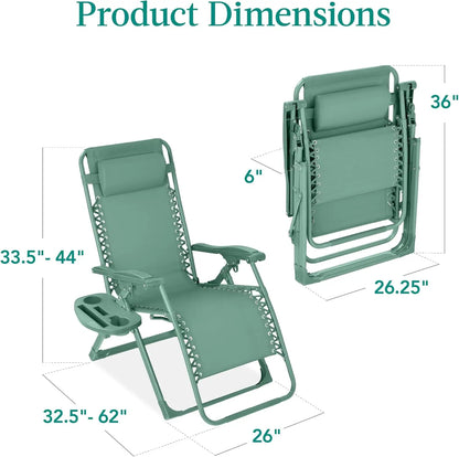 Adjustable Premium Color Zero Gravity Chair, Monochromatic Folding Patio Recliner w/Side Tray, Headrest - Seafoam