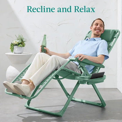 Adjustable Premium Color Zero Gravity Chair, Monochromatic Folding Patio Recliner w/Side Tray, Headrest - Seafoam