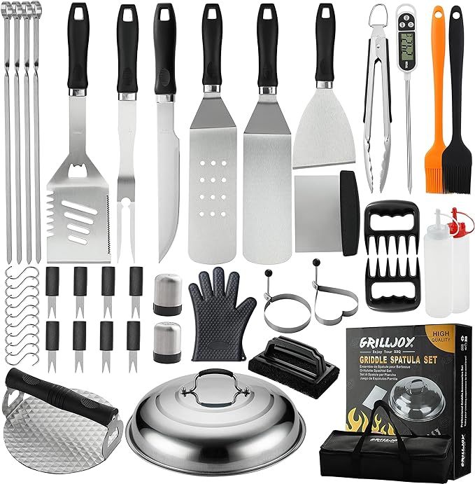 Grilljoy Griddle Accessories Set With Robust Plastic Handle, All-in-One Griddle Tools Kit For Flat Top Grills Teppanyaki Hibachi, Stainless Steel Grill Spatula Kit For Outdoor Camping Grilling