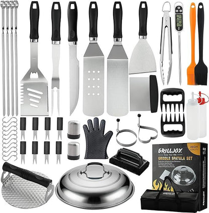Grilljoy Griddle Accessories Set With Robust Plastic Handle, All-in-One Griddle Tools Kit For Flat Top Grills Teppanyaki Hibachi, Stainless Steel Grill Spatula Kit For Outdoor Camping Grilling