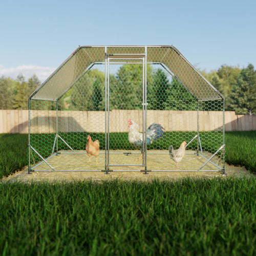9.94 Ft. X 6.46 Ft. X 6.36 Ft. Metal Large Chicken Coop Walk-in Poultry Cage Run Flat Shaped With Waterproof Cover